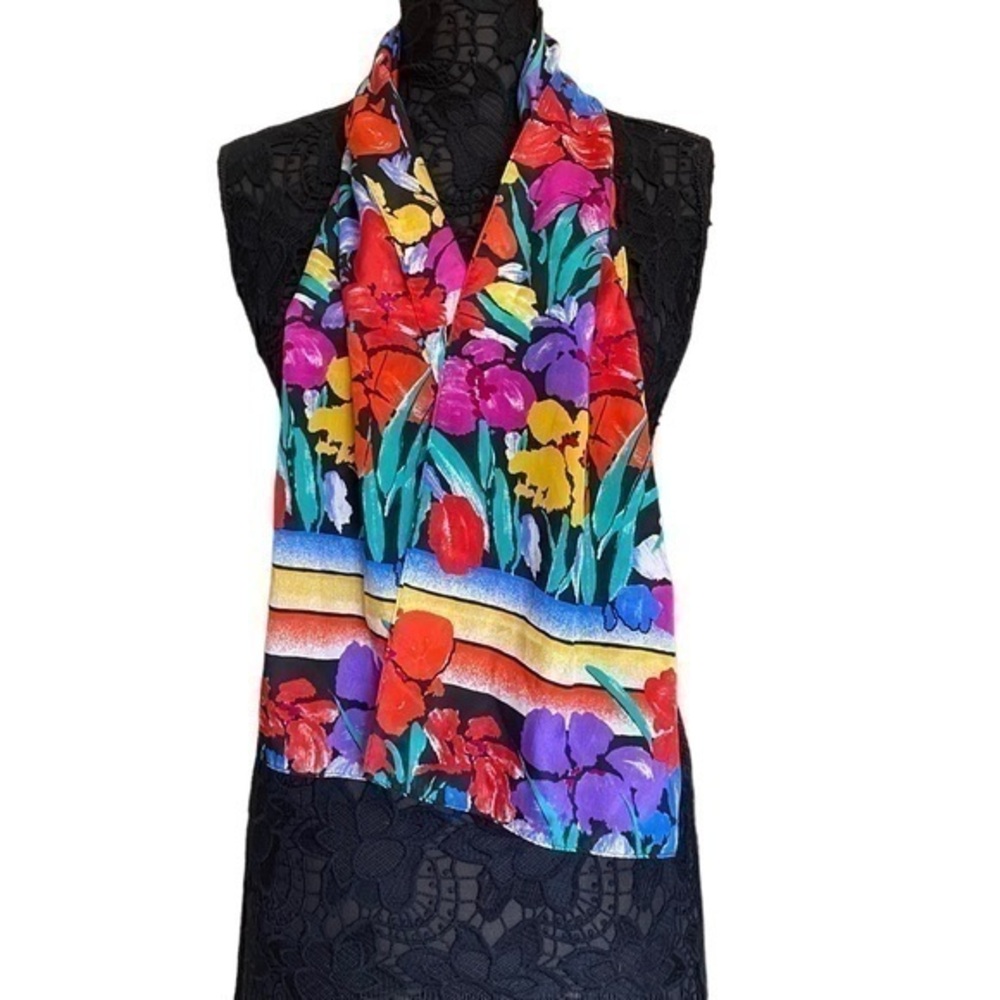 Vintage black red silk colorful spring floral print oblong skinny scarf wrap